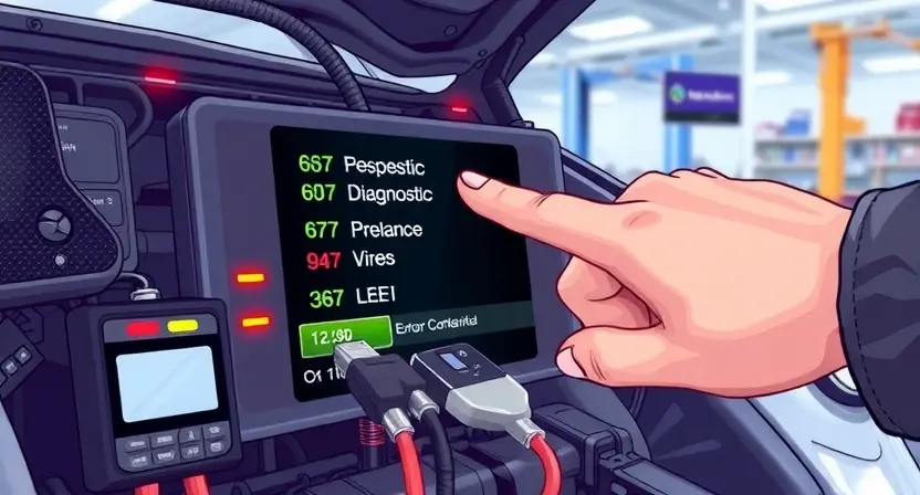 A detailed illustration of an automotive engine control unit (ECU) with various diagnostic tools connected to it. The ECU should be highlighted with glowing indicators showing potential error codes. A mechanic's hand is shown pointing to a specific diagnostic port on the ECU. The background should be a clean, well-lit workshop environment.