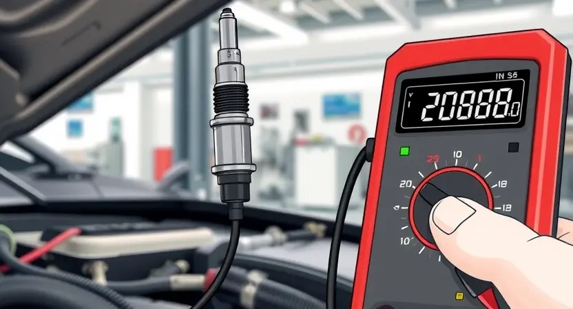 A close-up, detailed illustration of an oxygen sensor being tested with a multimeter. The sensor should be clearly visible, connected to wires, and the multimeter displaying a voltage reading. The background should be a clean, well-lit automotive repair shop environment. Focus on the sensor and the testing process.