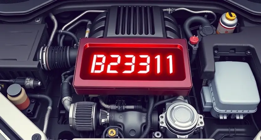 A detailed illustration of a car engine with the B2311 error code highlighted. The engine should be realistically rendered, showcasing various components like pistons, valves, and sensors. The B2311 code should be clearly displayed on a digital display within the engine bay, with accompanying visual cues indicating the error's significance.