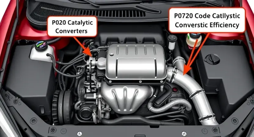A detailed illustration of a car's engine bay, highlighting the catalytic converter and exhaust system. Focus on the components related to the P0720 code (catalytic converter efficiency).