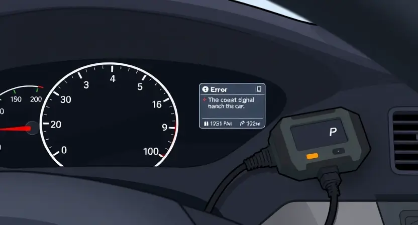 A detailed illustration of a car's dashboard with the cruise control system highlighted. The focus should be on the display showing an error message related to the COAST signal. Include visual cues indicating a recent repair, such as a diagnostic tool connected to the car's computer.