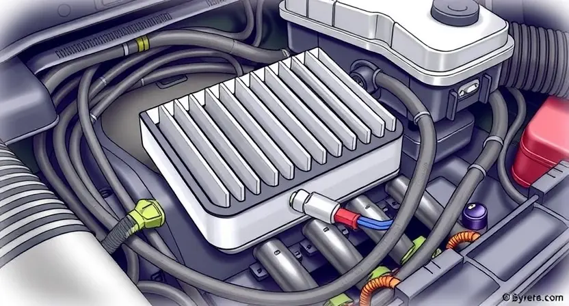 A detailed illustration of an automotive engine bay, focusing on the intake air heater and its wiring. The heater core should be visible, along with the associated electrical connectors and wiring harness. The image should depict a broken wire or disconnected connector, indicating a circuit break. The background should be slightly blurred to emphasize the focus on the heater components.