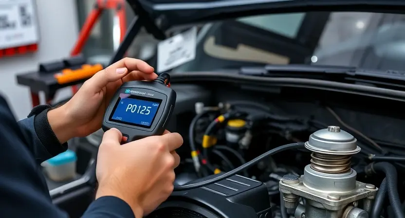 A detailed automotive diagnostic scene showing a mechanic using an OBD-II scanner connected to a car's dashboard, with the error code P0125 clearly displayed on the scanner screen, surrounded by engine components like the coolant temperature sensor and thermostat, in a well-lit garage setting with tools and technical diagrams visible in the background