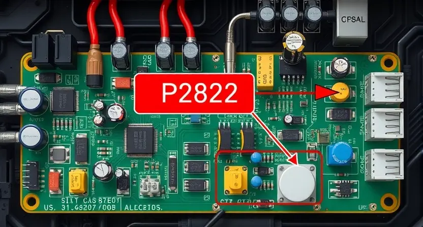 A detailed illustration depicting an electrical circuit board with a highlighted area indicating a potential P2822 error. The board should show various components like resistors, capacitors, and integrated circuits. Use visual cues to represent the error, such as a red marker or a flashing light. The background should be a dark, technical setting.