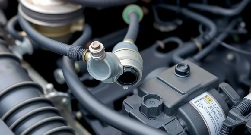 A close-up, detailed illustration of an engine bay with a focus on the oxygen sensor and related wiring. The sensor should be clearly visible, along with the surrounding hoses and electrical connections. The overall lighting should be bright and clean, highlighting the components. The background should be slightly blurred to emphasize the sensor area.