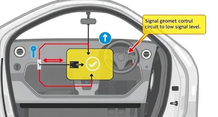 A detailed diagram illustrating a car's steering system with a highlighted section representing the control geometry circuit. Show a signal strength indicator with a low signal level. Focus on the physical components like sensors, actuators, and wiring within the circuit. The background should be a clean, technical illustration style.