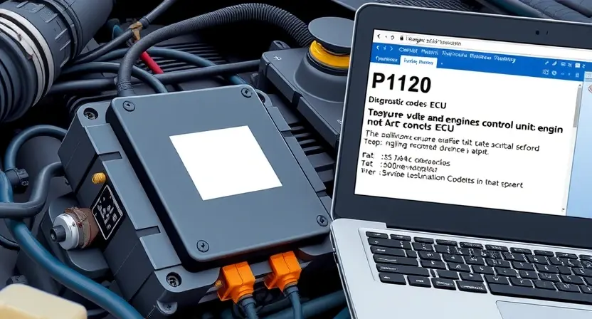 A close-up, detailed illustration of a car's engine control unit (ECU) with diagnostic codes displayed on a connected laptop screen. The ECU should be prominently featured, with wires and components visible. The laptop screen should show a clear view of the P1120 error code, along with related diagnostic information. Focus on technical accuracy and clarity.