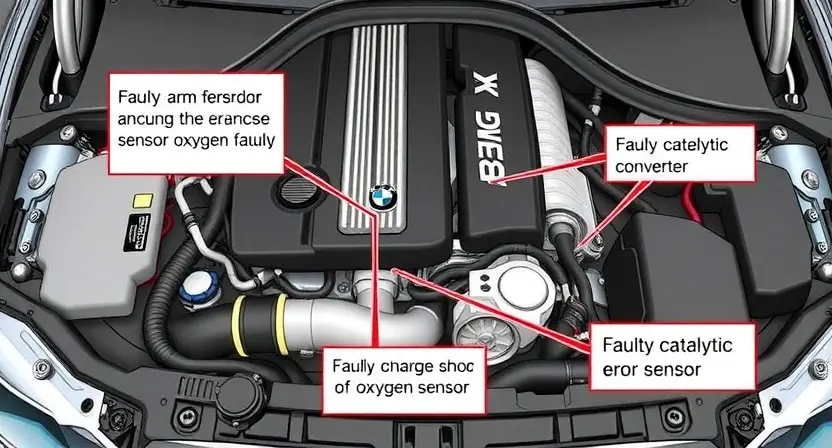 A detailed illustration of a BMW engine bay with a focus on the area related to the P1422 error code. Include visual representations of relevant sensors, hoses, and components. The image should clearly depict the potential causes of the error, such as faulty catalytic converter or oxygen sensor.