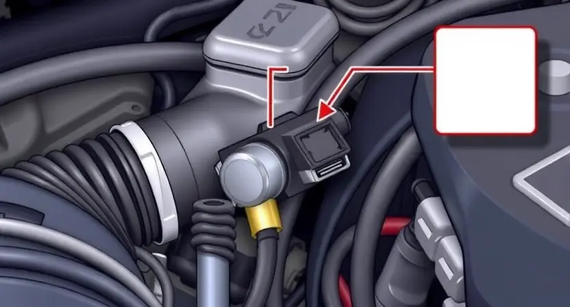 A close-up, detailed illustration of a car's engine bay, specifically focusing on the mass airflow sensor (MAF sensor) and its surrounding wiring. The sensor should be clearly visible, along with the air intake duct connected to it. Include a visual representation of electrical connections and wiring harnesses. The background should be slightly blurred to emphasize the sensor. Focus on technical accuracy and clarity.
