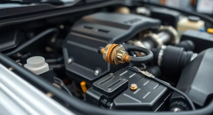 A close-up, detailed image of a car's engine bay. Focus on the oxygen sensor and surrounding components. The engine should appear clean and well-maintained. The background should be slightly blurred, suggesting a garage setting.