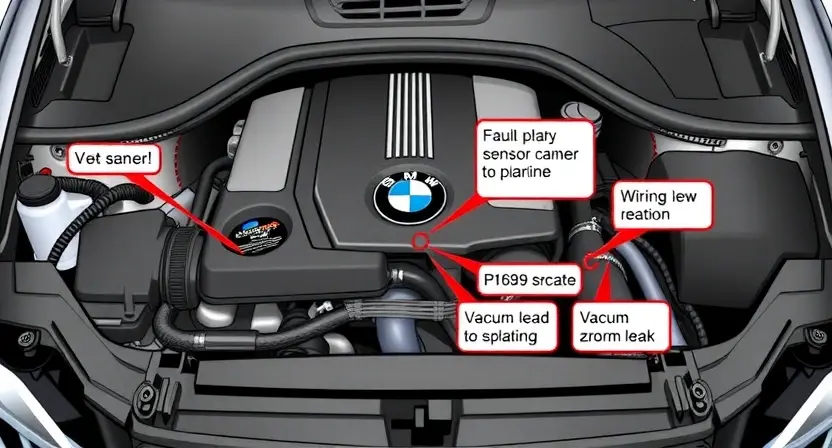 A detailed illustration of a BMW car engine bay, highlighting the area related to the P1689 error code. Include visual cues representing potential causes like a faulty sensor, wiring issue, or vacuum leak. Focus on technical details and clear labeling of components.