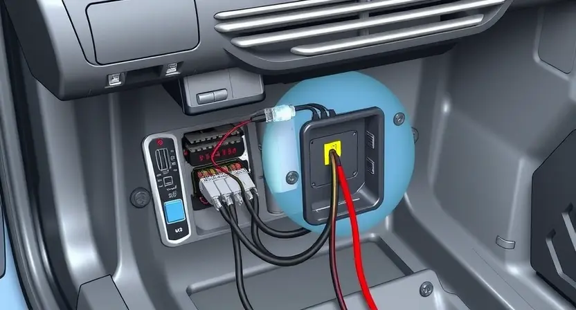 A high-quality technical illustration showing a car's body module control unit with visible wiring harnesses and connectors, highlighting a connection issue and wiring problems, rendered in the style "HQ-832-448-h"