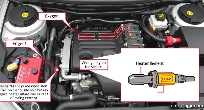 A detailed illustration of an automotive engine bay, focusing on the oxygen sensor heater circuit. Show wiring diagrams, a close-up of the oxygen sensor, and a visual representation of the heater element within the sensor. Include labels indicating the components and connections.
