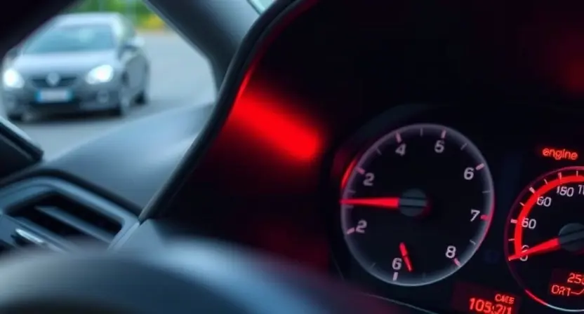 A close-up of a car's dashboard displaying a warning light, with a blurred background showing a road. Focus on the warning light indicating a potential engine issue. The car should be a modern sedan.