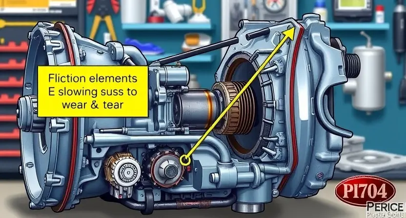A detailed illustration of a car transmission with a highlighted friction element (E) showing wear and tear. The transmission should be in a workshop setting, with tools and diagnostic equipment visible in the background. Focus on the mechanics of the friction element and its potential cause of the P2704 error.