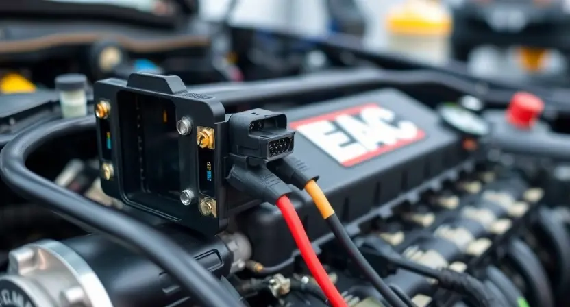 A close-up, detailed illustration of an engine control unit (ECU) with highlighted sensor connections and wiring. The background should be a slightly blurred automotive repair shop environment. Focus on the complexity of the connections and the electronic components. The image should convey technical precision and diagnostic analysis.