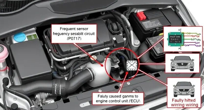 A detailed illustration of a car's engine bay, focusing on the area where the frequency sensor circuit is located. Include wiring diagrams and visual representations of the sensor and its connection to the engine control unit (ECU). The image should clearly depict the potential causes of the P0717 error code, such as a faulty sensor, damaged wiring, or a problem with the ECU.