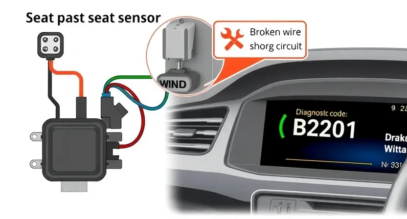 A detailed technical illustration of a car seat position sensor circuit showing wiring, connectors, and a fault indicator highlighting a broken wire or short circuit, with diagnostic symbols like a wrench and error code B2201 displayed on a vehicle dashboard screen, in a clean, professional automotive engineering style