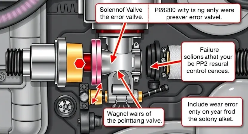 A detailed illustration of a solenoid valve with a pressure control mechanism. The image should focus on the internal components and connections, highlighting the potential points of failure related to the P2820 error code. Include visual cues suggesting wear and tear or potential damage to the solenoid.