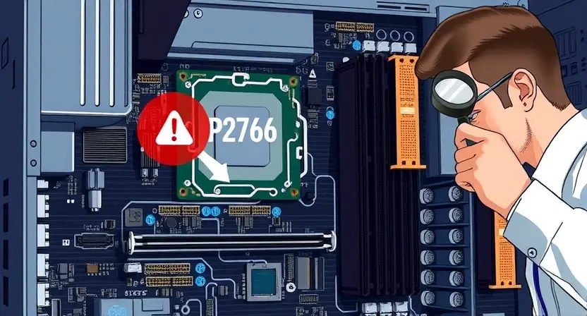 A detailed illustration depicting a computer motherboard with various components, highlighting potential error points. Include visual cues representing the P2766 error code, such as a flashing light or a highlighted area on the board. Show a technician examining the motherboard with a magnifying glass.