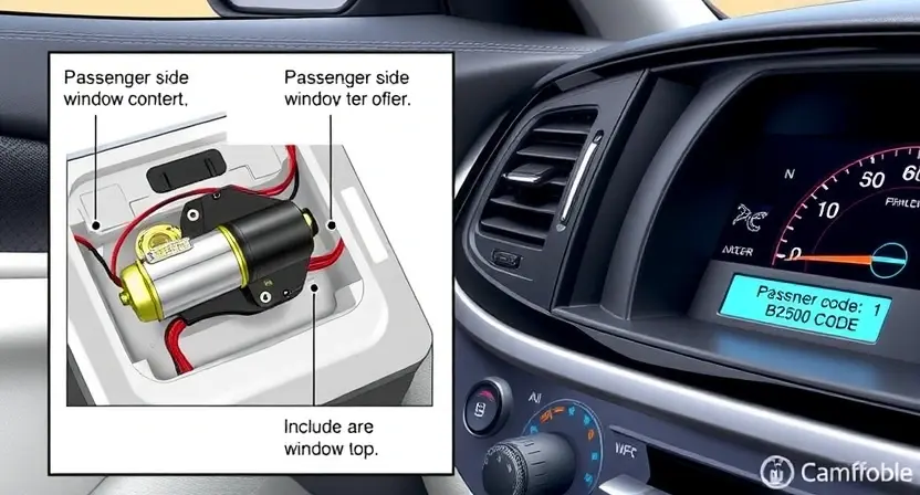 A detailed illustration of a car's interior, specifically focusing on the passenger side window control panel. The panel should show the window motor, wiring, and potential indicators related to the B2506 error code. Include a visual representation of the error code displayed on the car's dashboard. The overall scene should be realistic and informative, highlighting the components associated with the window malfunction.