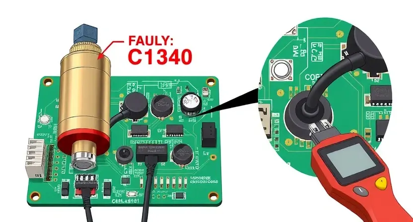 A detailed illustration of an electromagnetic valve circuit board, highlighting the faulty component (C1340) and the replacement process. Include close-ups of the valve, wiring, and diagnostic tools. Focus on technical accuracy and clarity.