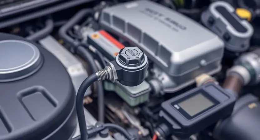 A detailed illustration of an automotive engine bay, focusing on the area around the boost pressure sensor. The sensor should be clearly visible, along with wiring and diagnostic tools. The background should be slightly blurred to emphasize the sensor.