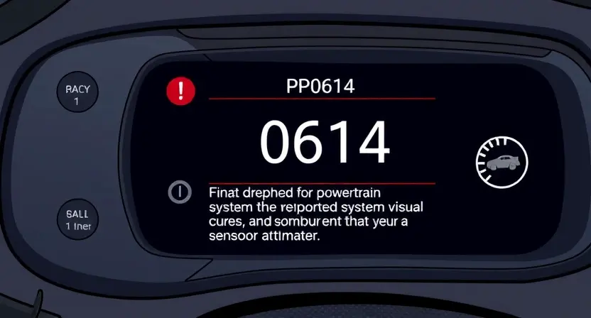 A detailed illustration of a car's diagnostic interface displaying the P0614 error code. The interface should show the code prominently, along with a brief explanation of what it means in the context of a vehicle's powertrain control system. Include visual cues representing the affected component (e.g., a sensor or actuator).