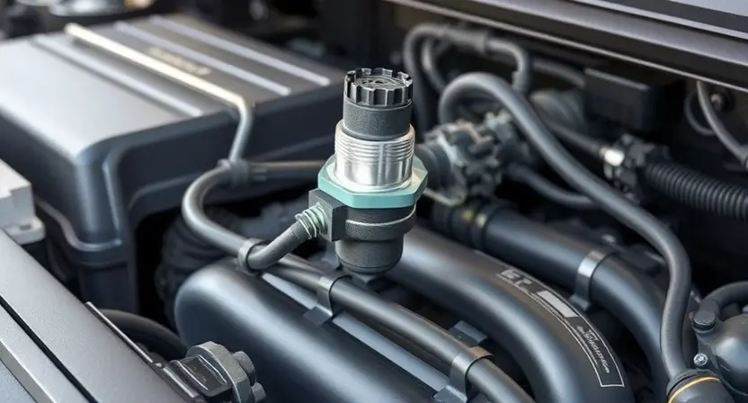 A close-up, detailed illustration of a car's engine bay. Focus on the oxygen sensor and related components. The engine should appear clean and well-maintained. Use bright, realistic colors to highlight the sensor's location and connections. The background should be slightly blurred to emphasize the engine components. The overall composition should be informative and visually appealing, suitable for a repair manual or diagnostic guide.