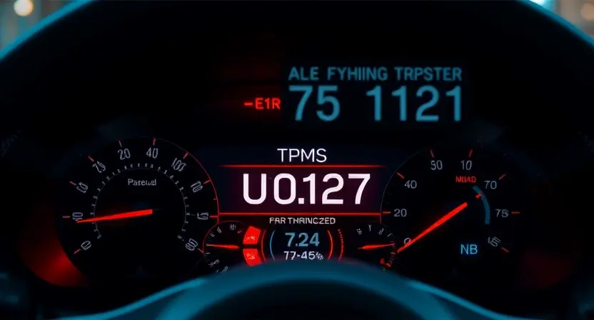 A modern car dashboard with a glowing TPMS warning light indicating error U0127, showing a stylized tire pressure monitoring system module disconnected from the vehicle network, with subtle digital error codes floating in the air like holograms, dark automotive interior, soft ambient lighting, high detail, realistic rendering