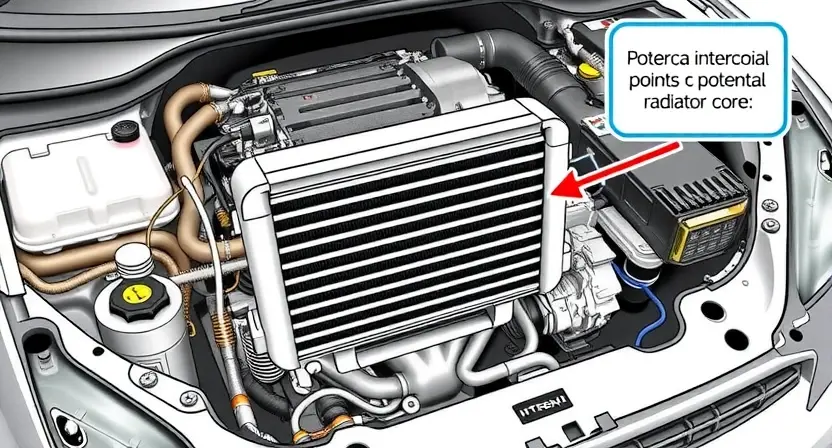A detailed illustration of a car's intercooler system, showing potential leak points (e.g., hoses, connections, radiator core). Focus on the intercooler itself, its placement within the engine bay, and the surrounding components. The image should highlight the potential for coolant leaks.