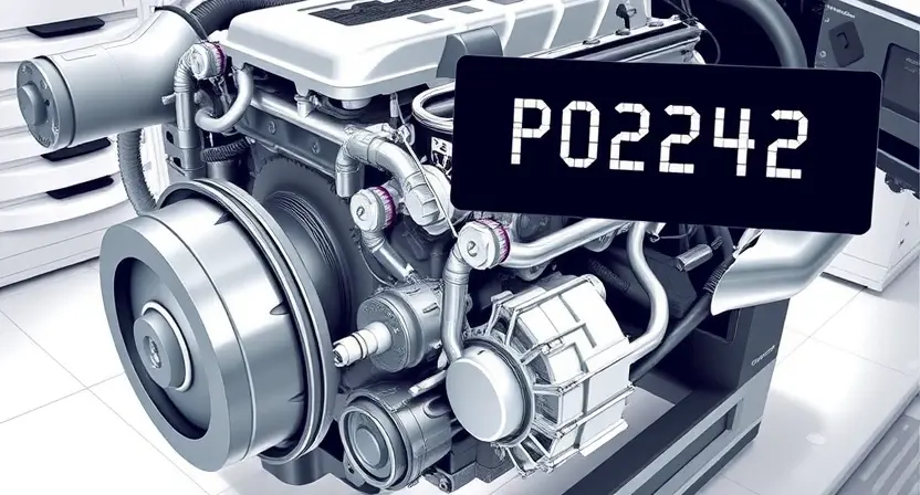 A detailed illustration of a car engine with a diagnostic code P0242 highlighted. The engine should be realistically rendered, showing various components like the crankshaft, camshaft, and sensors. A digital overlay displays the P0242 code in a clear, readable font. The background should be a clean, white laboratory setting.