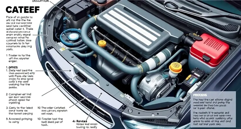 A detailed illustration depicting the components of a car engine, showcasing its description, diagnostic tools, and repair process. Focus on visual clarity and accuracy.