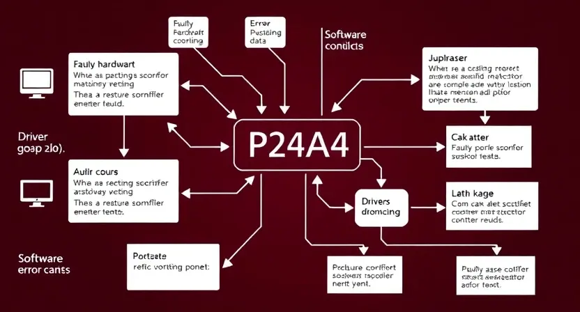 A detailed schematic diagram illustrating the P24A4 error code in a computer system. Include visual representations of potential causes like faulty hardware, software conflicts, and driver issues. Show arrows indicating the flow of data and potential points of failure.