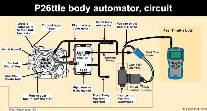 A detailed diagram of an automotive engine control system, specifically highlighting the throttle body actuator circuit and the potential causes of a P2620 error. Include visual representations of the throttle body, wiring harness, and diagnostic tools. Focus on clarity and technical accuracy.