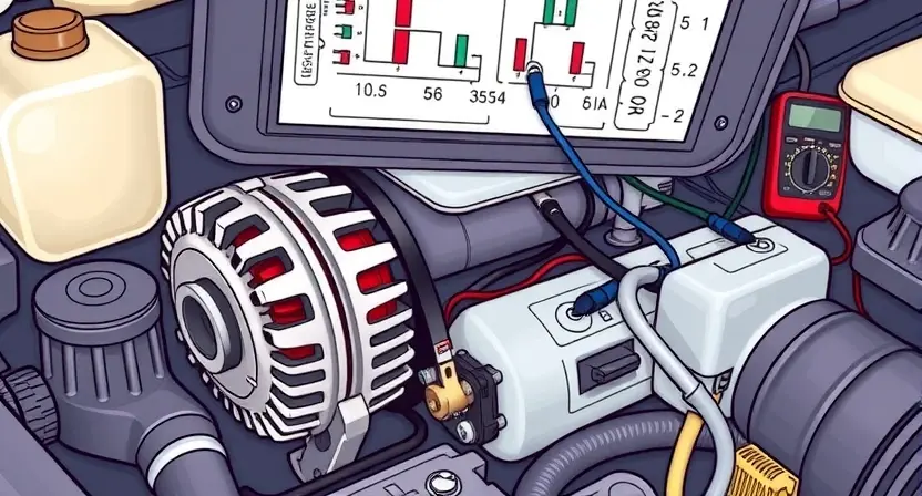 A detailed illustration of an automotive engine bay, focusing on the alternator and its regulator relay. The relay should be clearly visible, with wiring connected to it. Show the alternator's pulley and belt. Include diagnostic tools like a multimeter and a wiring diagram in the background. The overall scene should depict a car's electrical system and the potential issue of voltage regulation.