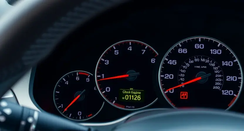 A close-up view of a car's dashboard with the check engine light illuminated, indicating a P0126 error code. The dashboard should be modern and detailed, with various gauges and indicators visible. The car's interior should be clean and well-lit, with a focus on the dashboard area.
