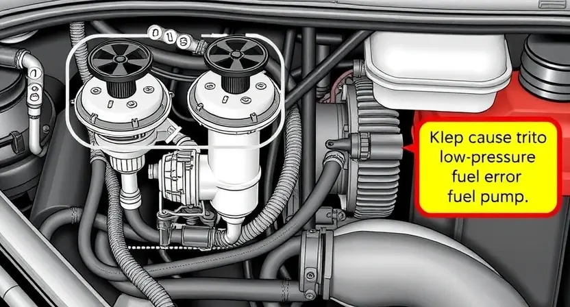 A detailed illustration of a car's fuel system, specifically highlighting the low-pressure fuel pump and related components. Include hoses, fuel lines, and the fuel pressure regulator. The image should clearly show the potential cause of the P2540 error.