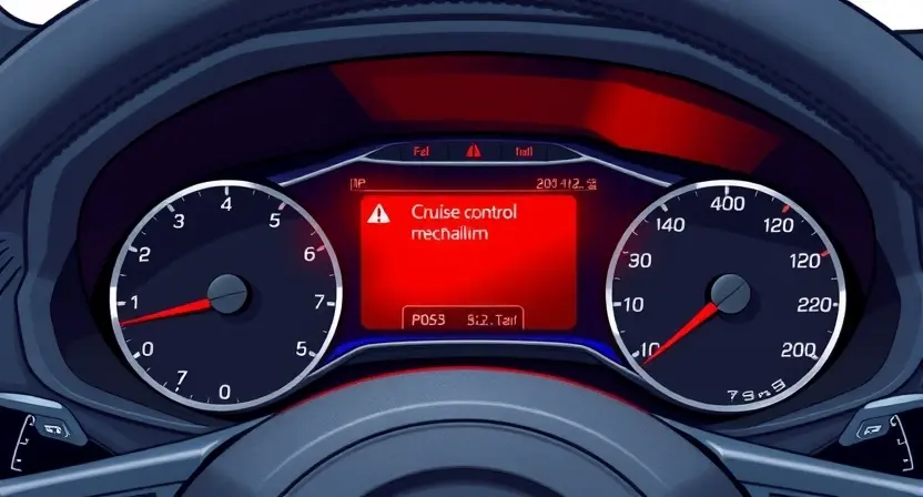 A detailed illustration of a car dashboard showing a warning light illuminated for a cruise control malfunction (P0593). The dashboard should clearly display the error message and potentially show the cruise control indicator light. The car interior should be realistically depicted, focusing on the dashboard area.