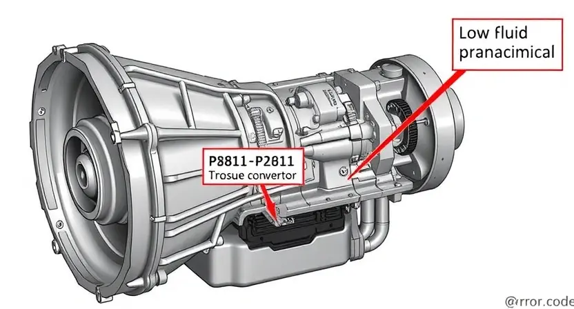 A detailed illustration of an automatic transmission with the P2811 error code highlighted. Include visual representations of the transmission's components (torque converter, valve body, etc.) and a clear indication of the error code's location within the system. The image should depict the potential causes of the error code, such as low fluid or sensor malfunction.