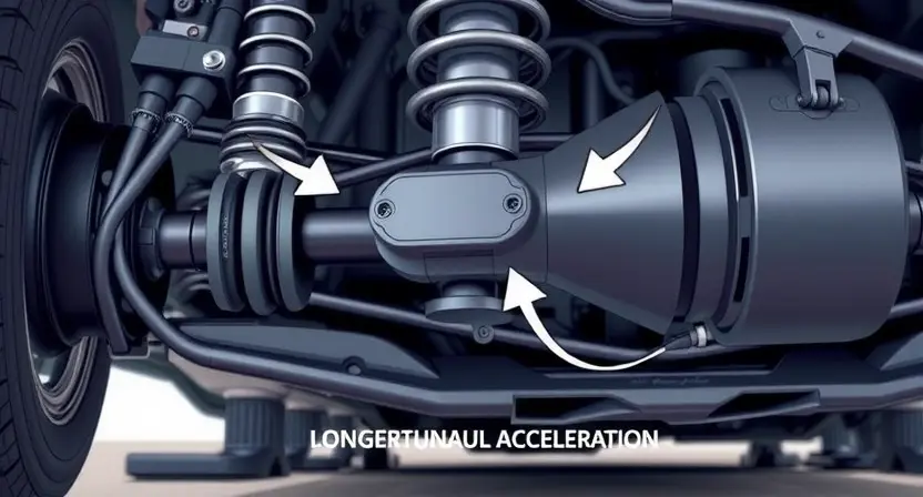 A close-up illustration of a car's suspension system, highlighting the longitudinal acceleration sensor. The sensor should be clearly visible, with arrows indicating the direction of longitudinal acceleration. The surrounding components of the suspension should be realistically depicted, showing their connection to the sensor. Focus on the sensor's physical appearance and its integration within the suspension assembly.