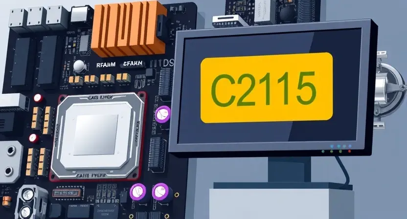A detailed illustration depicting a computer motherboard with a highlighted C2115 error code displayed on a monitor. The motherboard should show various components like CPU, RAM, and capacitors. The monitor should clearly show the error message. The overall scene should be clean and professional, emphasizing the technical aspect of the issue.