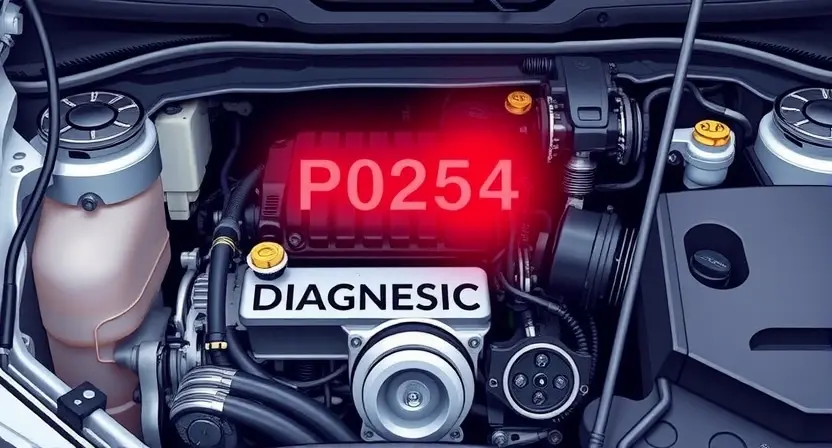 A detailed illustration of a car engine with a diagnostic light illuminated on the dashboard. The engine should be clearly visible, showcasing various components like pistons, valves, and belts. The dashboard should display the P0254 error code.