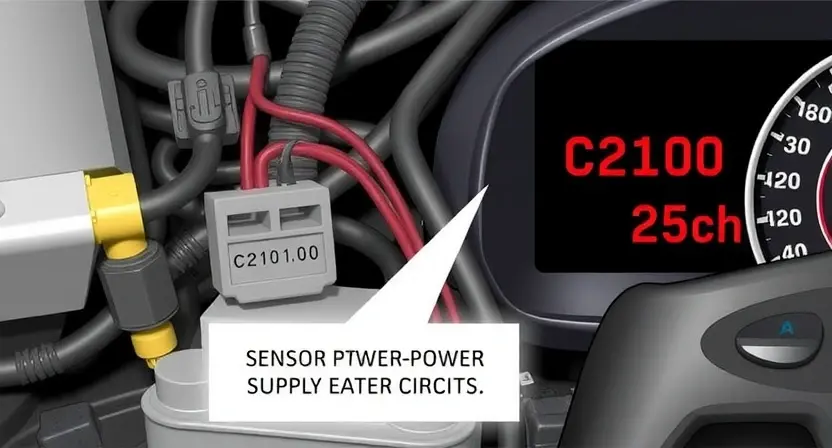 A close-up, detailed illustration of a car's electrical system, specifically highlighting the sensor power supply circuit. Include wiring, connectors, and a visual representation of the C2100 error code displayed on a dashboard. Focus on technical accuracy and clarity.