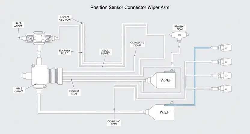 A detailed schematic diagram of an electrical circuit, specifically focusing on the position sensor connector (wiper arm) and its associated wiring. The diagram should clearly illustrate the components involved, such as the sensor itself, wires, connectors, and potential points of failure. Include labels for all components and connections. The image should be clean and easy to understand, with a focus on technical accuracy.