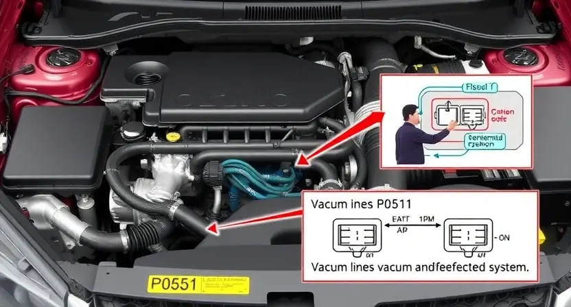 A detailed illustration of a car engine bay with various components clearly visible. Focus on the area related to the P0551 error code, such as the vacuum lines, hoses, and potentially a diagram indicating the affected system. The engine should be well-lit and clean.