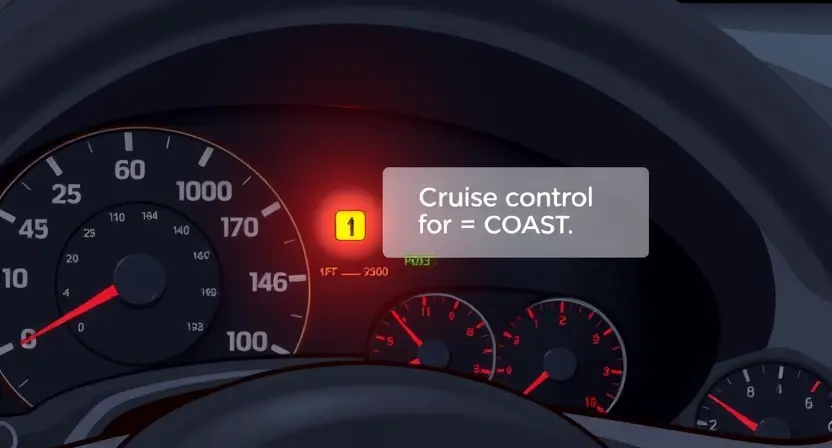 A detailed illustration of a car's dashboard showing a cruise control malfunction warning light illuminated. The dashboard should be realistically rendered with visible gauges and buttons. Focus on the warning light and its accompanying text indicating a problem with the COAST signal.