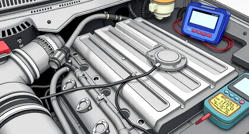 A detailed illustration of an automotive engine bay, focusing on the O2 sensor and its wiring. The sensor should be clearly visible, with its connector and wiring harness highlighted. Include diagnostic tools like a scan tool and a multimeter in the background. The overall scene should convey a sense of technical inspection and repair.