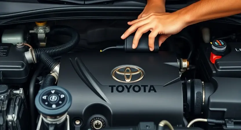 A close-up shot of a Toyota engine bay with a mechanic inspecting the engine. Focus on the engine control unit (ECU) and related sensors. The engine should appear clean and well-maintained.