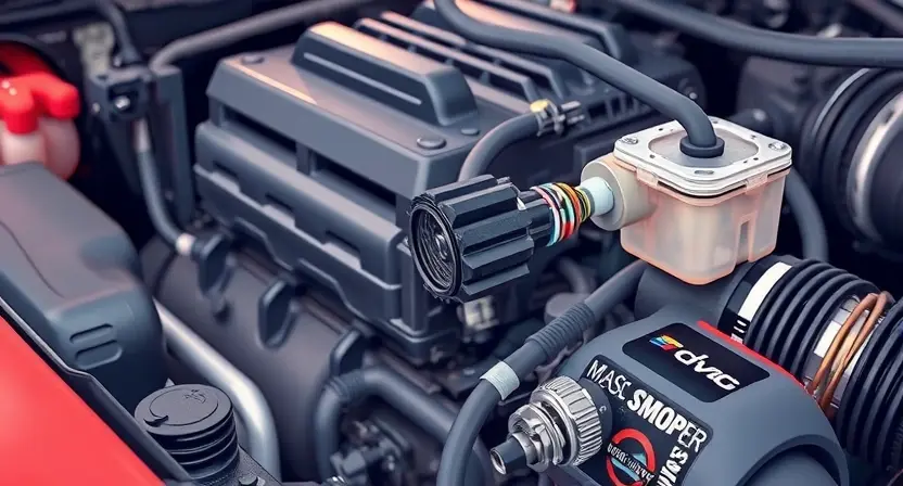 A close-up, detailed illustration of a car's engine bay. Focus on the mass airflow sensor (MAF sensor) and its surrounding components. The sensor should be clearly visible, with wires and hoses connected. The engine bay should appear clean and well-maintained. Use realistic lighting and textures to emphasize the mechanical details.
